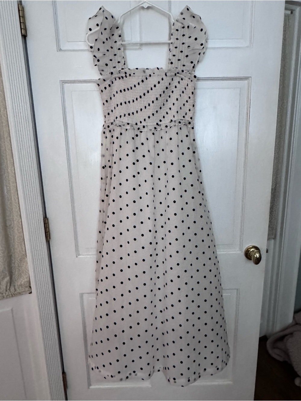Smocked Polka Dot Midi Dress in Cream and Black